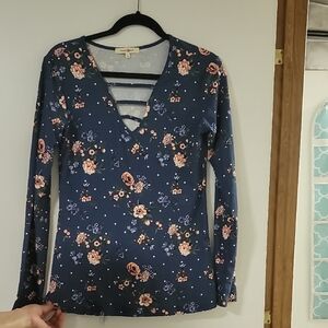 Wishful Park Navy Floral V-Neck Long Sleeve Top with Ladder Straps